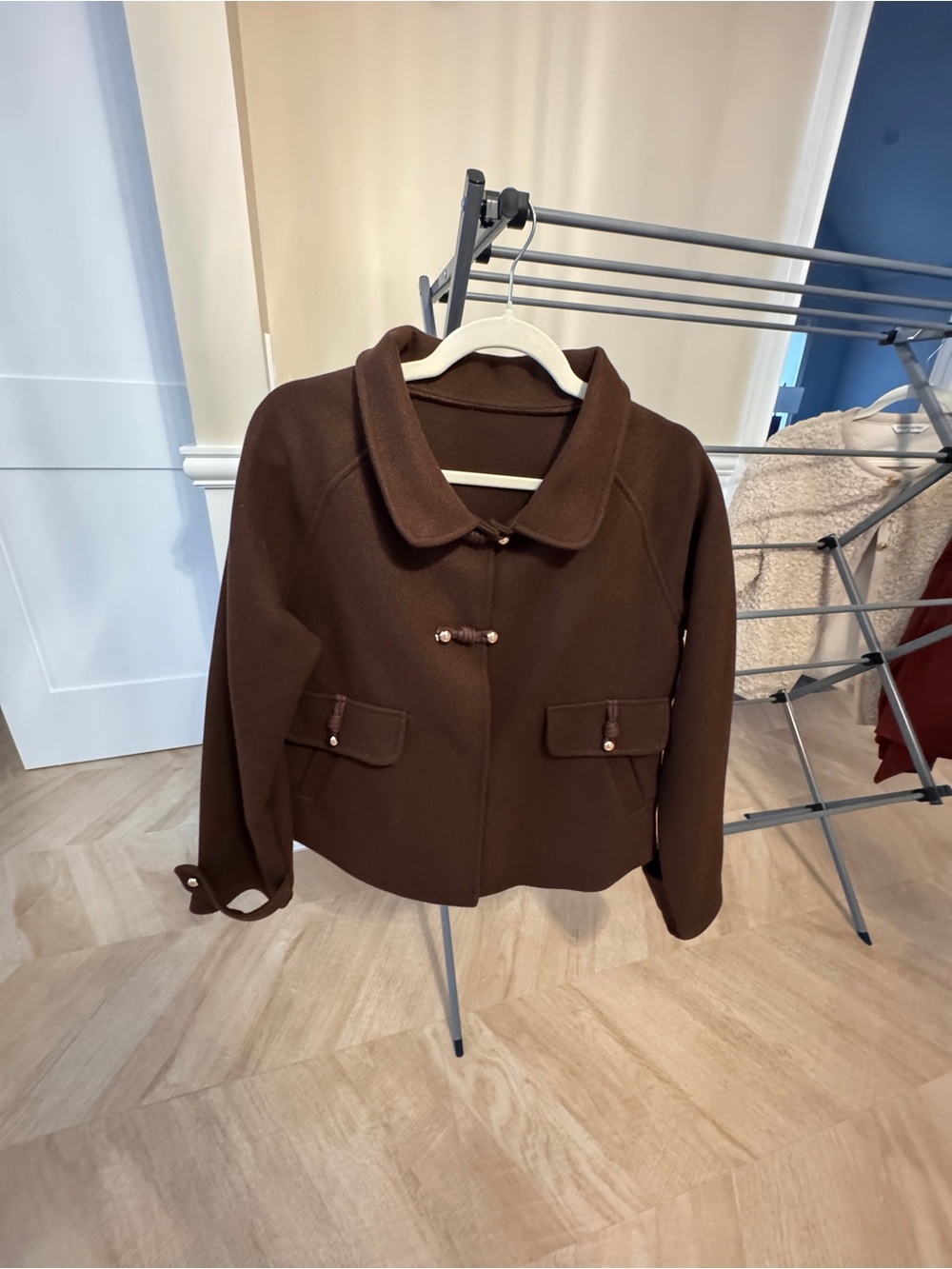 Women's Short Brown Pea Coat with Button Tab Accents